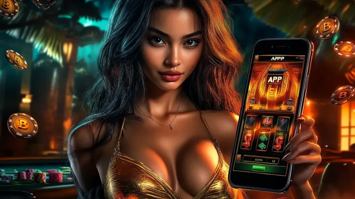 সোনালি টপ পরা এক সুন্দর নারী তার ফোনে bb44 game অ্যাপটি ধারণ করছেন, একটি সমৃদ্ধ গ্রীষ্মমণ্ডলীয় গেমিং প্ল্যাটফর্ম সেটিংয়ে। ভাসমান ডিজিটাল মুদ্রা-চিপগুলো পরিবেশকে বৈচিত্র্যময় ও উচ্চ-স্তরের 분위া যোগ করে।